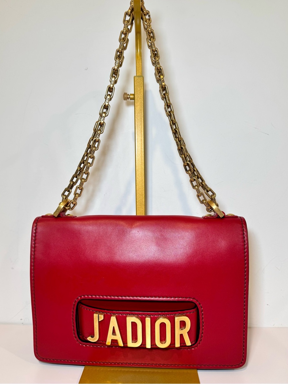 Christian Dior J’Adior Red Calfskin Flap Shoulder Bag W Gold Logo Chain Strap